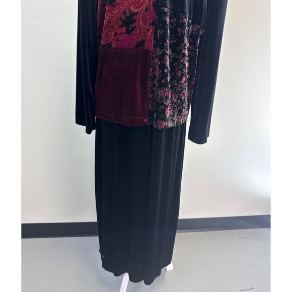 Vtg Inspired Black & Burgundy Velvet Patchwork Long Sleeve Maxi Dress Whimsigoth - Picture 6 of 16